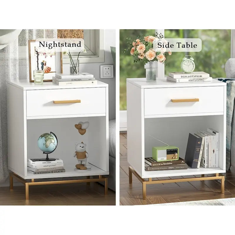 Table de chevet moderne blanche en bois à 1 tiroir avec étagère ouverte
