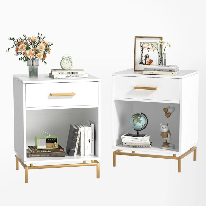 Table de chevet moderne blanche en bois à 1 tiroir avec étagère ouverte