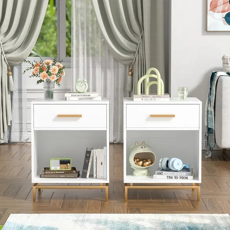 Table de chevet moderne blanche en bois à 1 tiroir avec étagère ouverte