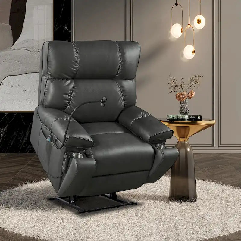 Fauteuil inclinable releveur avec deux moteurs, massage, fonction chauffante, porte-gobelets et support de téléphone réglable