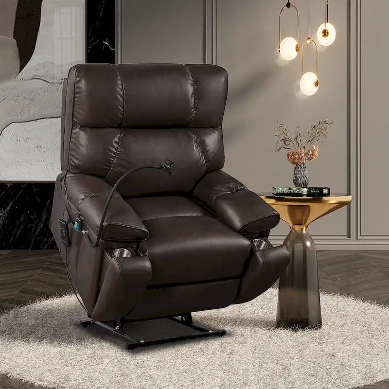 Fauteuil inclinable releveur avec deux moteurs, massage, fonction chauffante, porte-gobelets et support de téléphone réglable