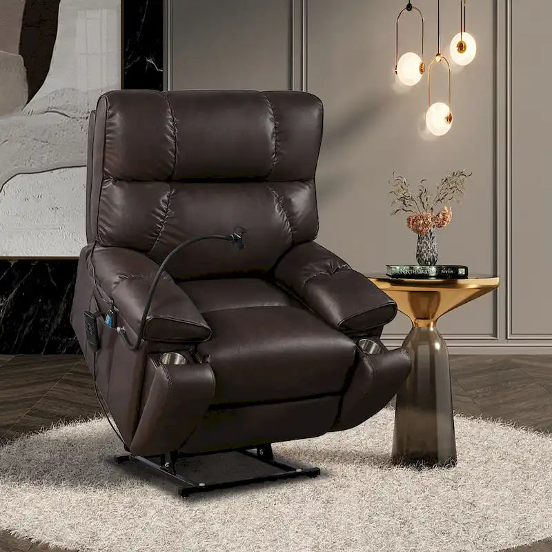 Fauteuil inclinable releveur avec deux moteurs, massage, fonction chauffante, porte-gobelets et support de téléphone réglable