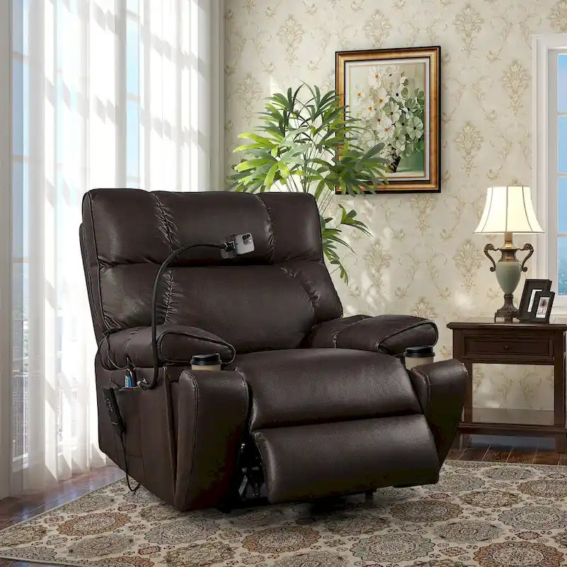 Fauteuil inclinable releveur avec deux moteurs, massage, fonction chauffante, porte-gobelets et support de téléphone réglable
