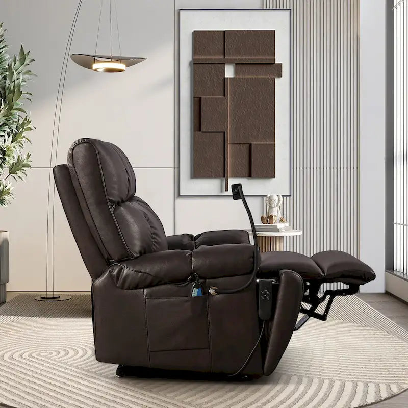 Fauteuil inclinable releveur avec deux moteurs, massage, fonction chauffante, porte-gobelets et support de téléphone réglable