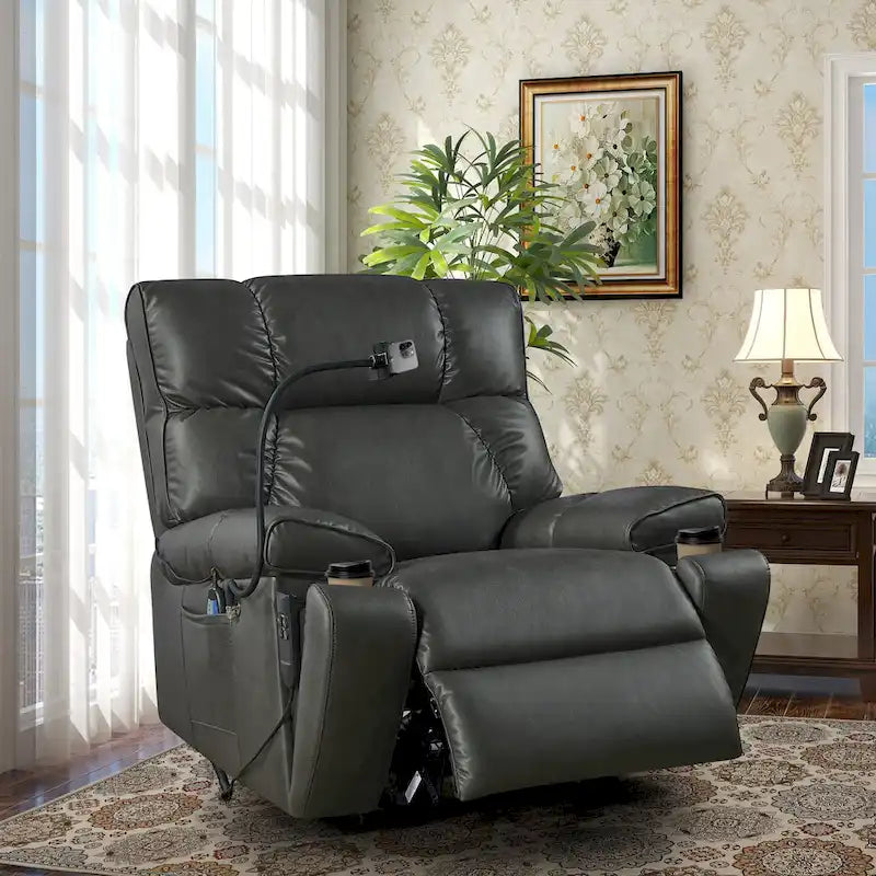 Fauteuil inclinable releveur avec deux moteurs, massage, fonction chauffante, porte-gobelets et support de téléphone réglable