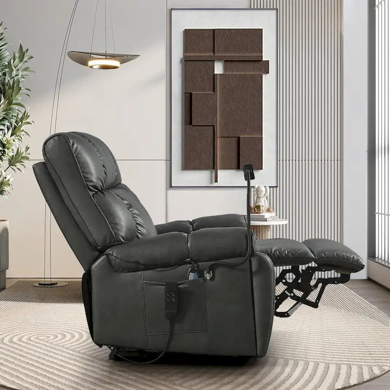 Fauteuil inclinable releveur avec deux moteurs, massage, fonction chauffante, porte-gobelets et support de téléphone réglable