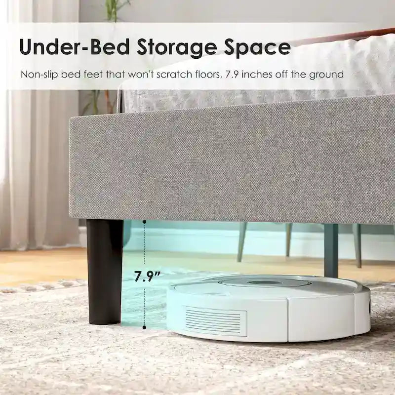 Lit plateforme double tapissé avec tête de lit rembourrée, cadre en métal, gris