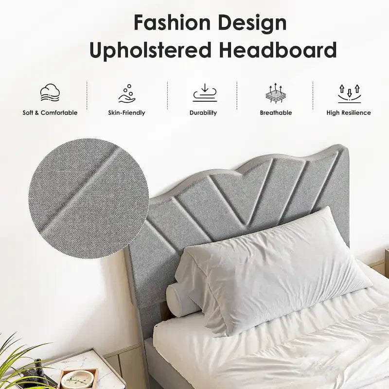 Lit plateforme double tapissé avec tête de lit rembourrée, cadre en métal, gris