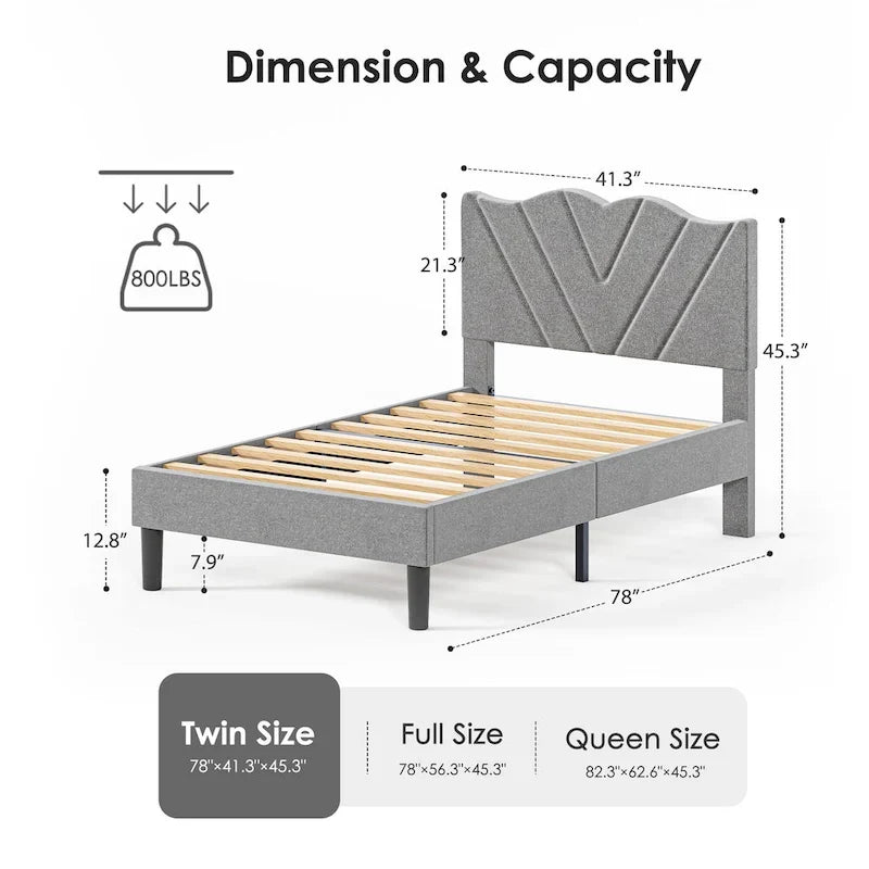 Lit plateforme double tapissé avec tête de lit rembourrée, cadre en métal, gris