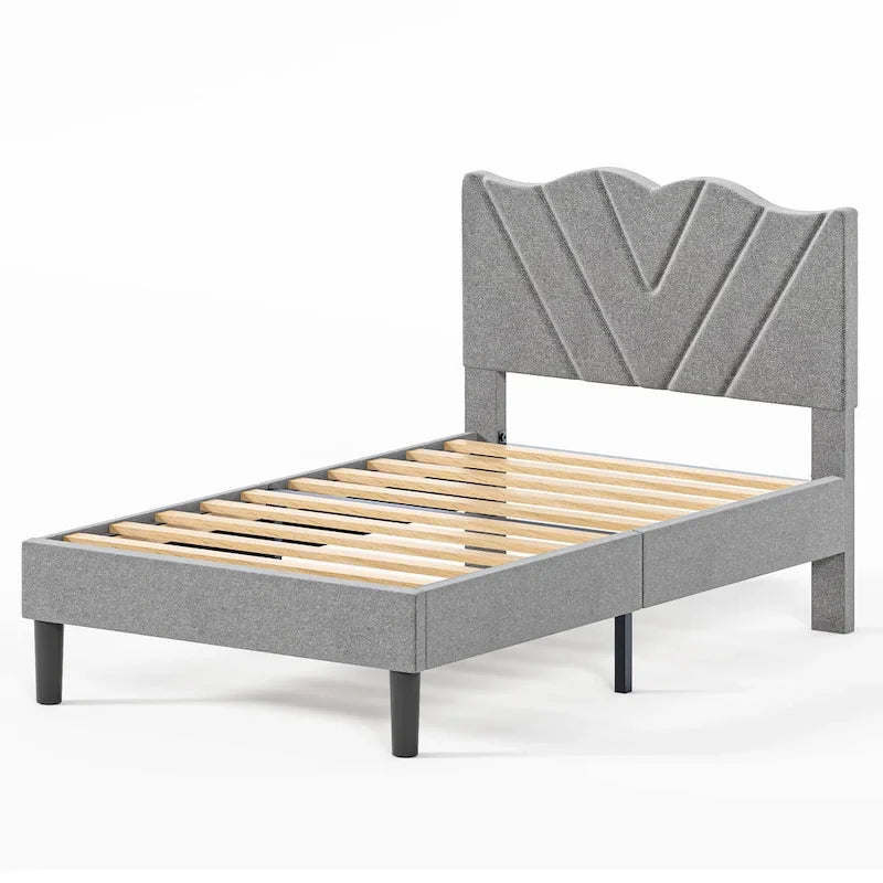 Lit plateforme double tapissé avec tête de lit rembourrée, cadre en métal, gris