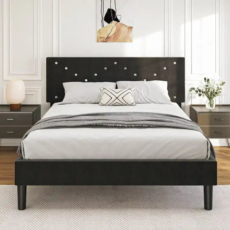 Lit plateforme double tapissé avec tête de lit rembourrée, cadre en métal, gris