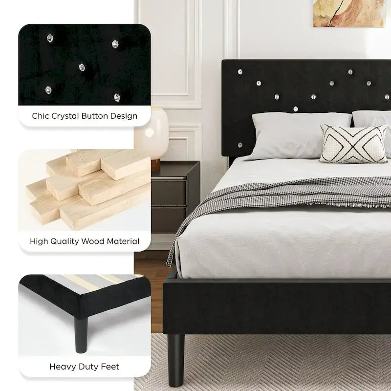 Lit plateforme double tapissé avec tête de lit rembourrée, cadre en métal, gris