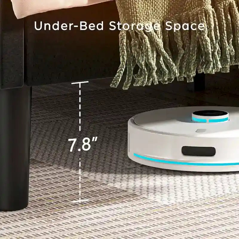 Lit plateforme double tapissé avec tête de lit rembourrée, cadre en métal, gris
