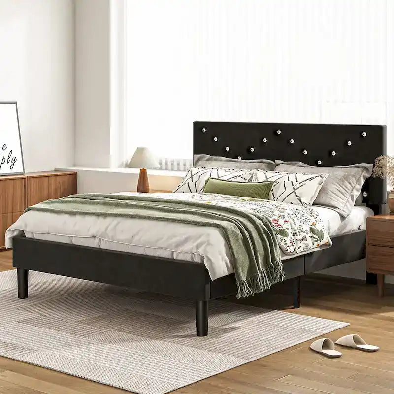 Lit plateforme double tapissé avec tête de lit rembourrée, cadre en métal, gris