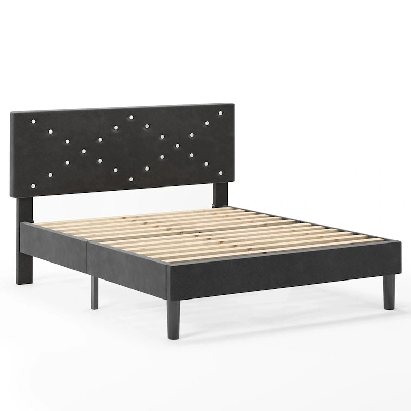 Lit plateforme double tapissé avec tête de lit rembourrée, cadre en métal, gris