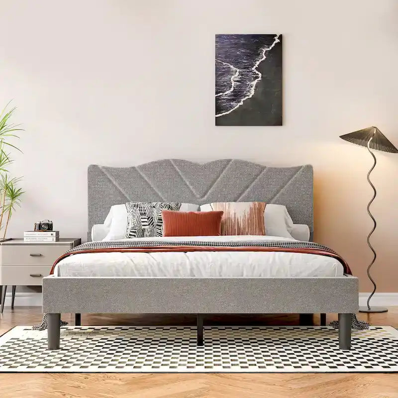 Lit plateforme double tapissé avec tête de lit rembourrée, cadre en métal, gris