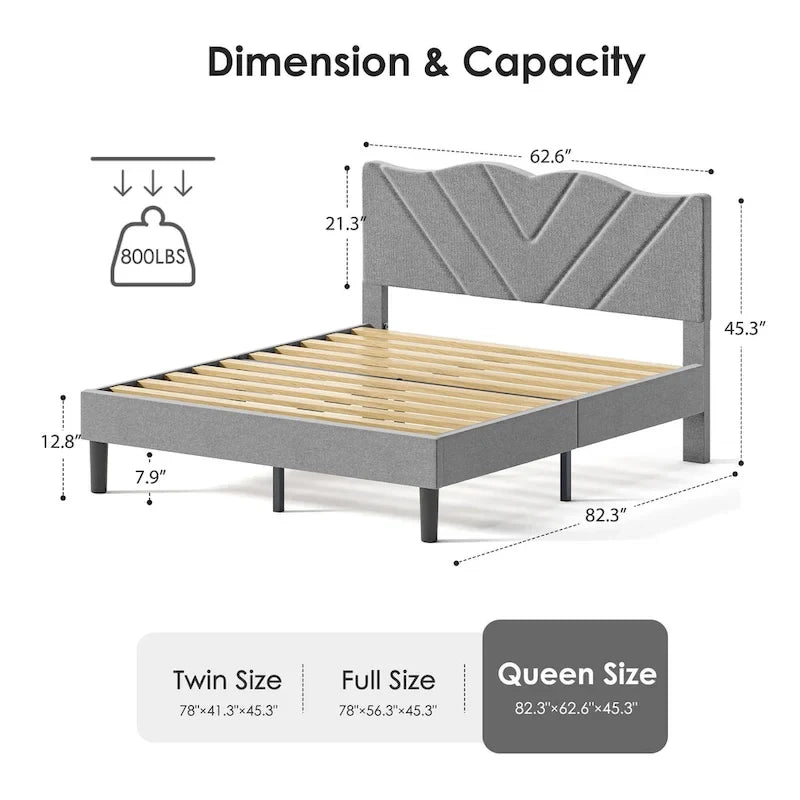 Lit plateforme double tapissé avec tête de lit rembourrée, cadre en métal, gris