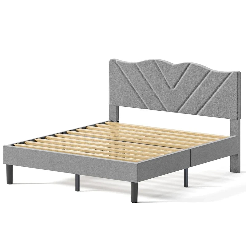 Lit plateforme double tapissé avec tête de lit rembourrée, cadre en métal, gris