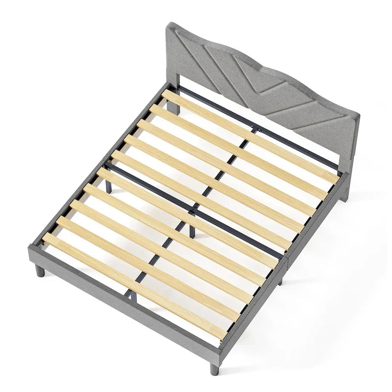 Lit plateforme double tapissé avec tête de lit rembourrée, cadre en métal, gris