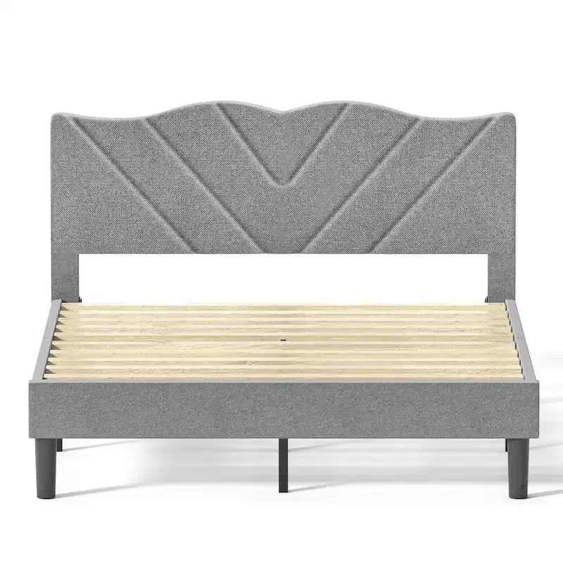 Lit plateforme double tapissé avec tête de lit rembourrée, cadre en métal, gris
