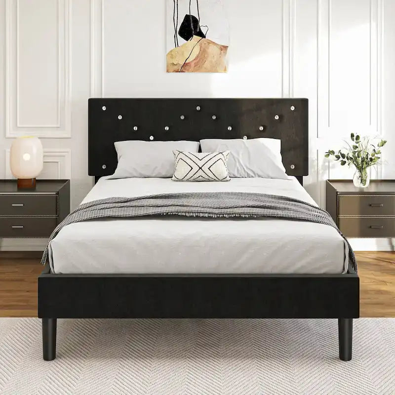 Lit plateforme double tapissé avec tête de lit rembourrée, cadre en métal, gris