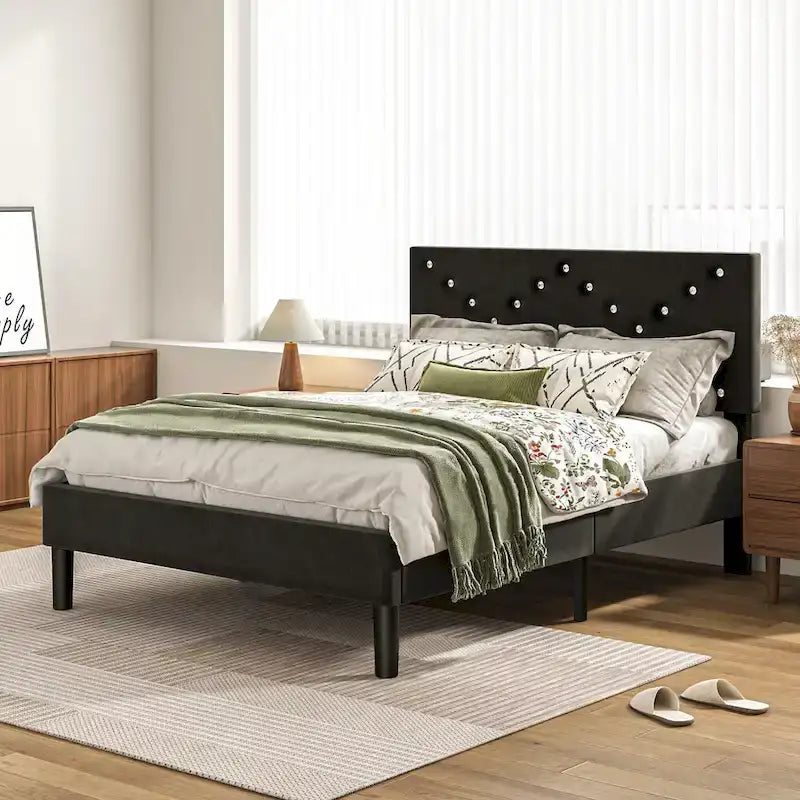 Lit plateforme double tapissé avec tête de lit rembourrée, cadre en métal, gris