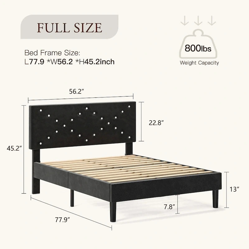 Lit plateforme double tapissé avec tête de lit rembourrée, cadre en métal, gris