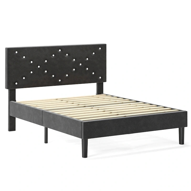 Lit plateforme double tapissé avec tête de lit rembourrée, cadre en métal, gris