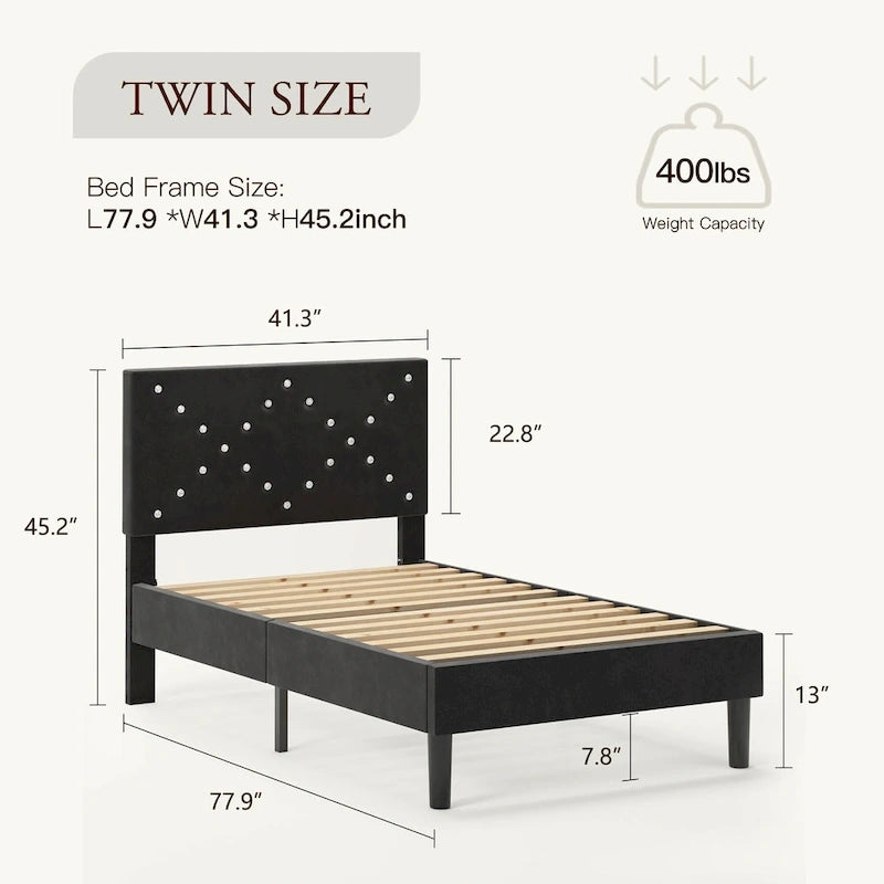 Lit plateforme double tapissé avec tête de lit rembourrée, cadre en métal, gris