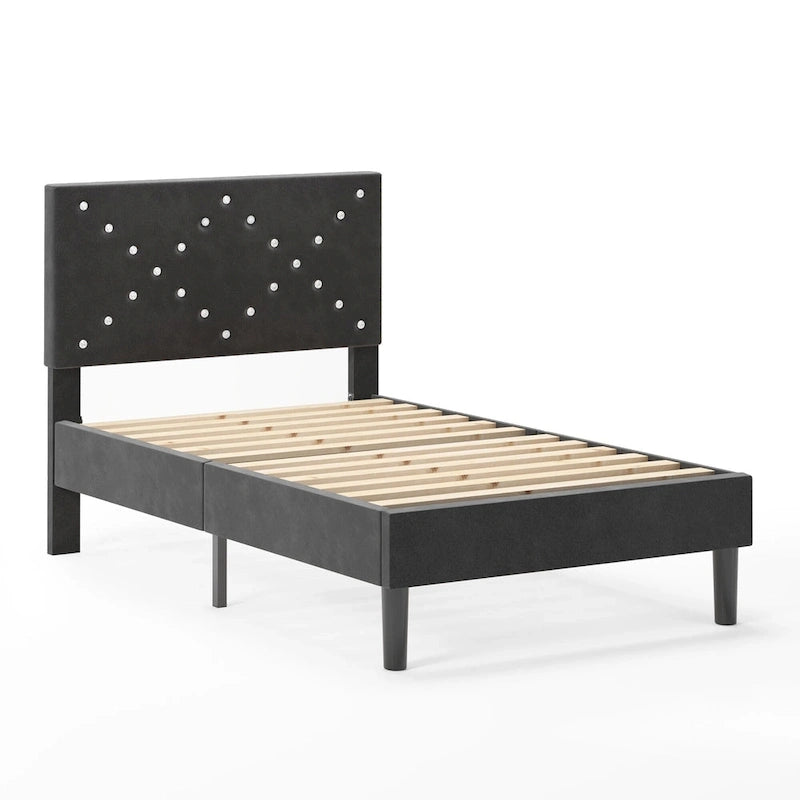 Lit plateforme double tapissé avec tête de lit rembourrée, cadre en métal, gris