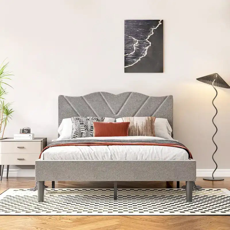 Lit plateforme double tapissé avec tête de lit rembourrée, cadre en métal, gris