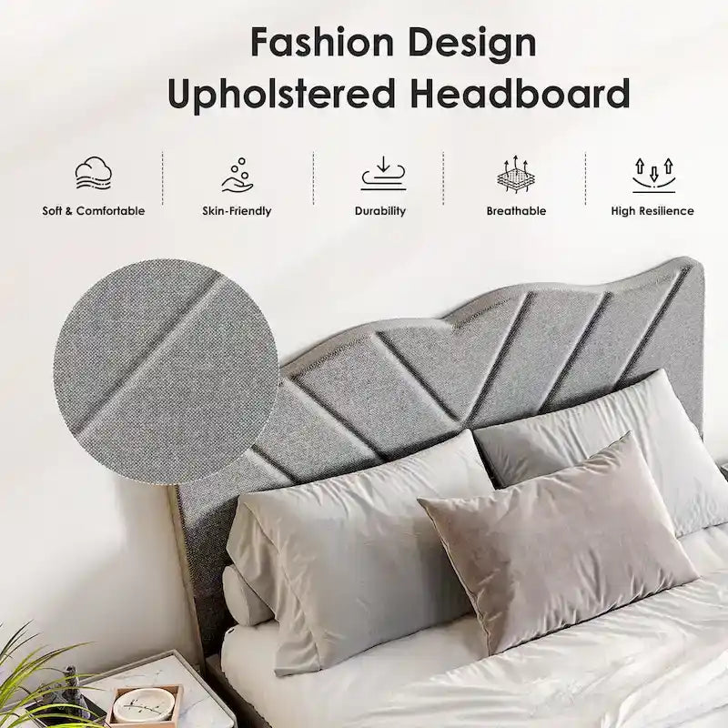 Lit plateforme double tapissé avec tête de lit rembourrée, cadre en métal, gris