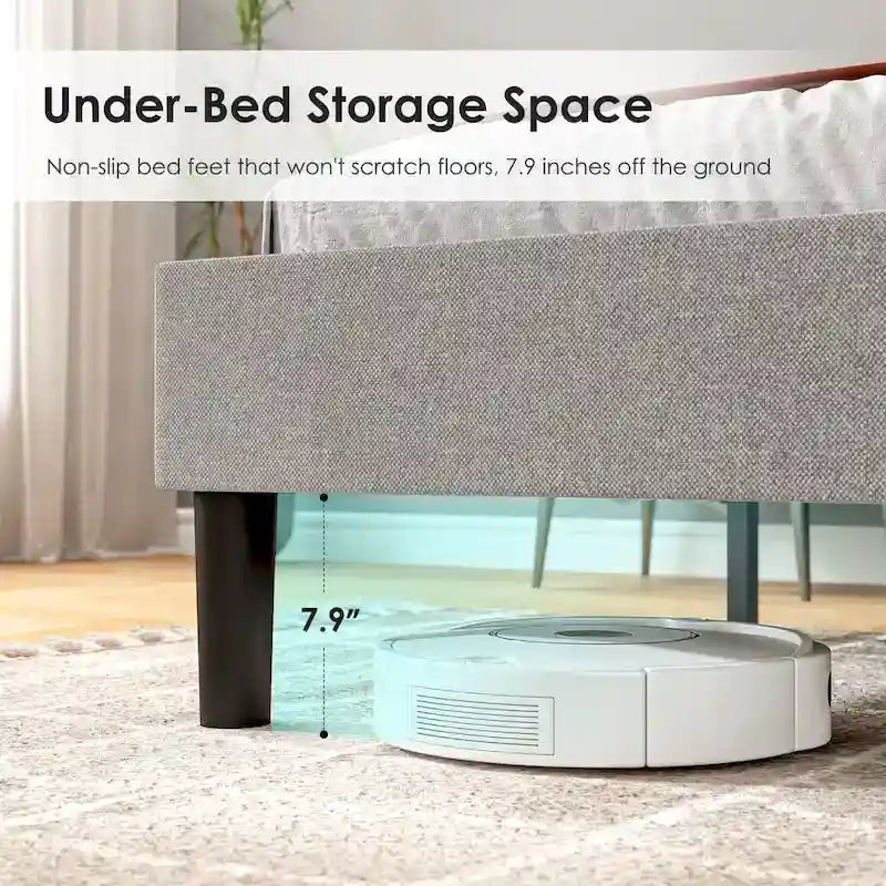 Lit plateforme double tapissé avec tête de lit rembourrée, cadre en métal, gris