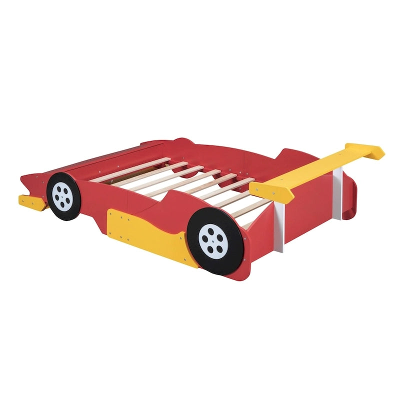 Lit plateforme en forme de voiture de course grandeur nature avec roues