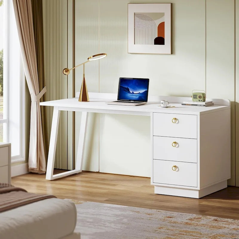 Bureau d'ordinateur blanc avec tiroirs, 140 cm, moderne, pour bureau à domicile avec rangement