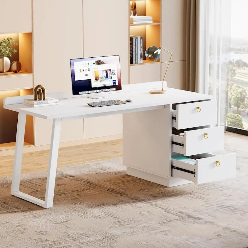 Bureau d'ordinateur blanc avec tiroirs, 140 cm, moderne, pour bureau à domicile avec rangement