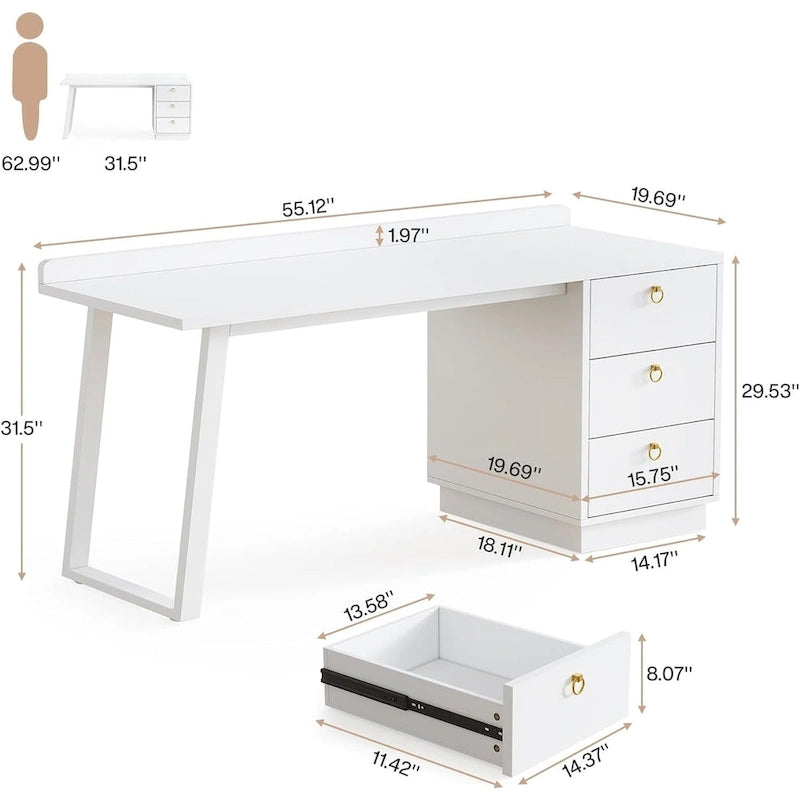 Bureau d'ordinateur blanc avec tiroirs, 140 cm, moderne, pour bureau à domicile avec rangement