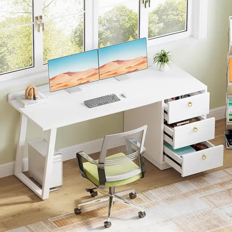 Bureau d'ordinateur blanc avec tiroirs, 140 cm, moderne, pour bureau à domicile avec rangement