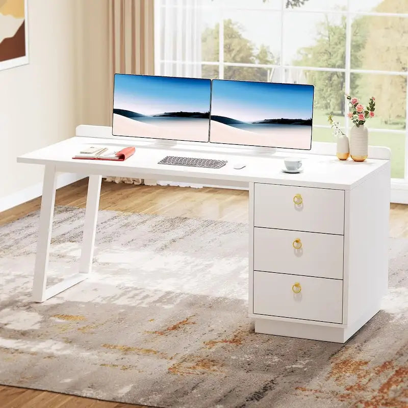 Bureau d'ordinateur blanc avec tiroirs, 140 cm, moderne, pour bureau à domicile avec rangement