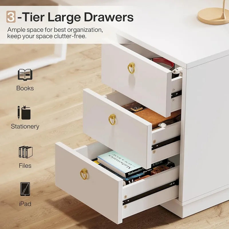 Bureau d'ordinateur blanc avec tiroirs, 140 cm, moderne, pour bureau à domicile avec rangement