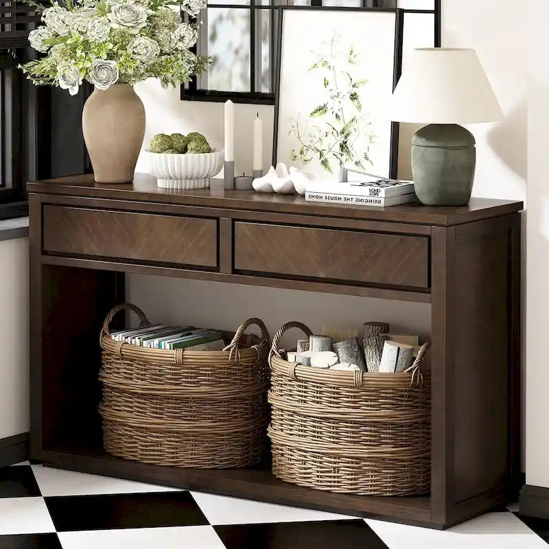 Console de 55" rustique avec tiroirs et étagère ouverte pour salon