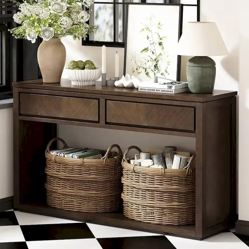 Console de 55" rustique avec tiroirs et étagère ouverte pour salon