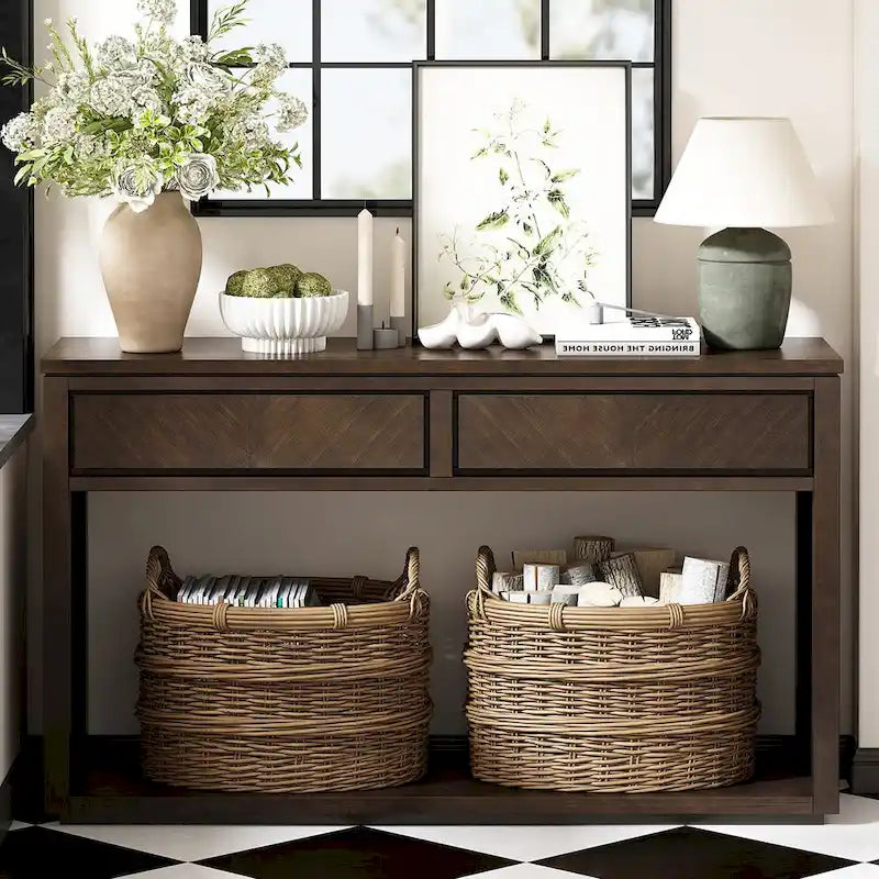Console de 55" rustique avec tiroirs et étagère ouverte pour salon