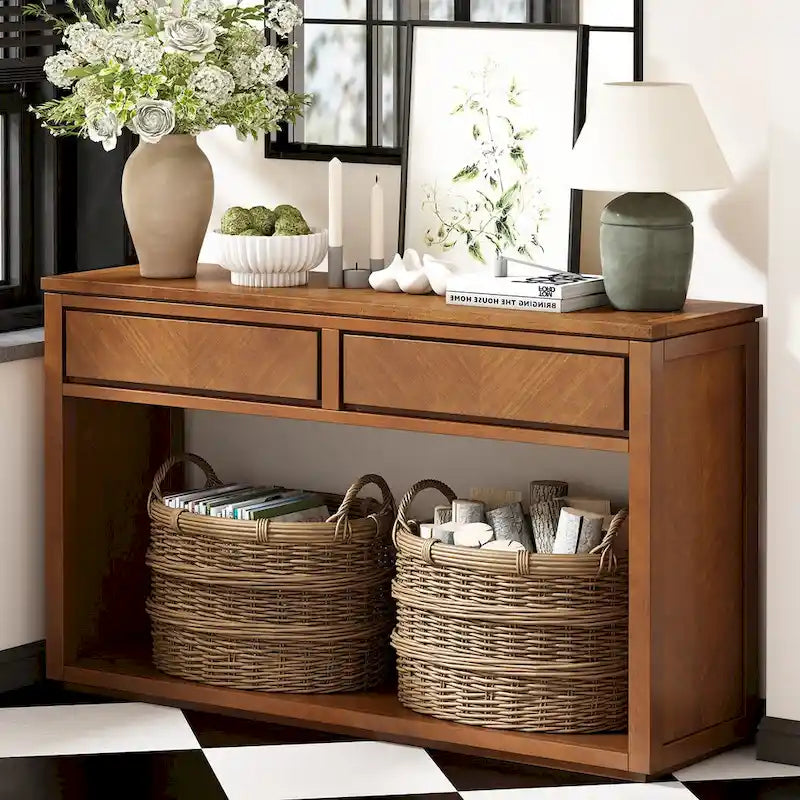Console de 55" rustique avec tiroirs et étagère ouverte pour salon
