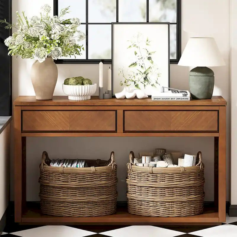 Console de 55" rustique avec tiroirs et étagère ouverte pour salon