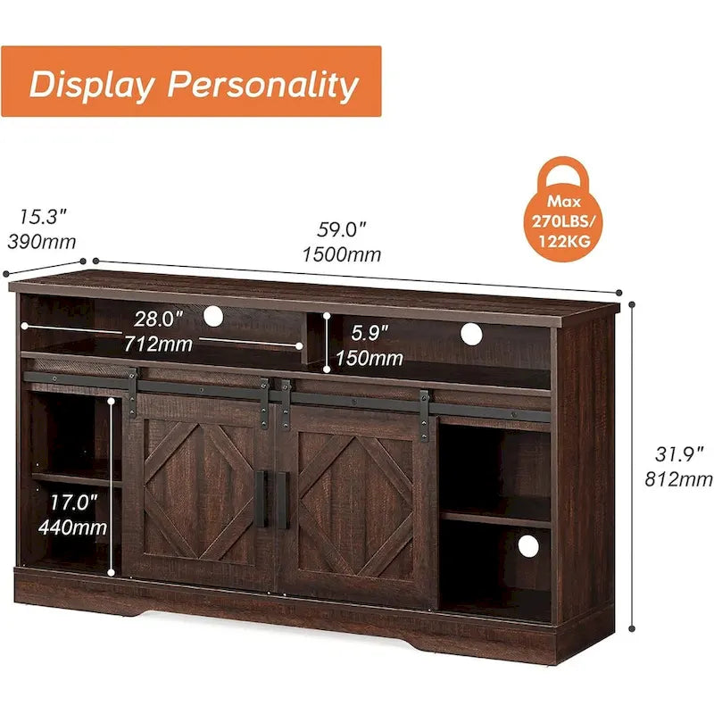 Meuble TV pour Téléviseur 65 70 Pouces, Meuble TV de Ferme avec 2 Portes Coulissantes Type Grange, Marron Rustique - 59