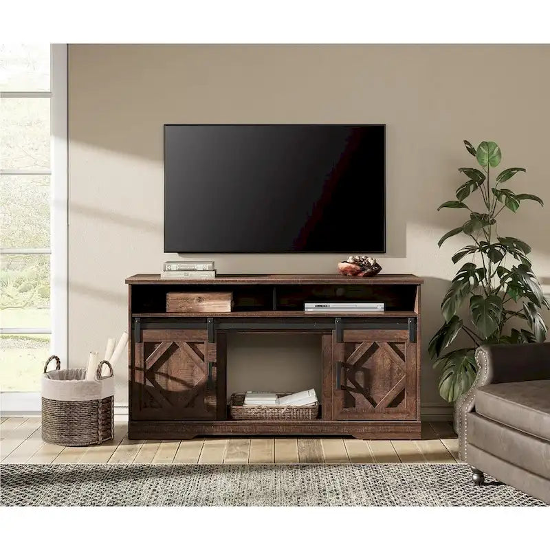 Meuble TV pour Téléviseur 65 70 Pouces, Meuble TV de Ferme avec 2 Portes Coulissantes Type Grange, Marron Rustique - 59