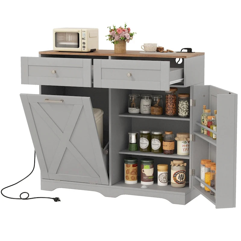 Meuble poubelle basculant avec prises, 2 tiroirs, étagère réglable