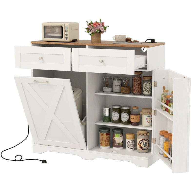 Meuble poubelle basculant avec prises, 2 tiroirs, étagère réglable