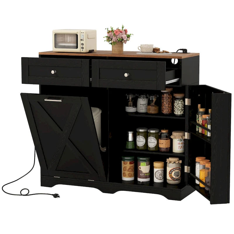 Meuble poubelle basculant avec prises, 2 tiroirs, étagère réglable